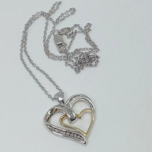 * 925 SUN double hearts two tone sterling silver necklace 18"